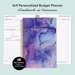 BUDGET PLANNER - Finance Planner 6x9 - Expense Tracker - Choose Your Start Month - Purple Blue Flowing Ink - No Tariffs