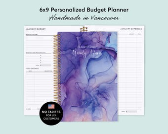 BUDGET PLANNER - Finance Planner 6x9 - Expense Tracker - Choose Your Start Month - Purple Blue Flowing Ink - No Tariffs