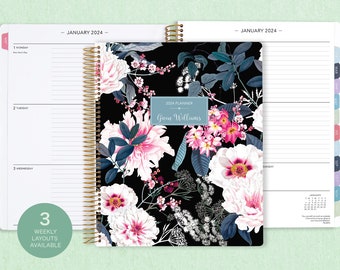 8.5x11 weekly planner  2024 2025 | choose your start month | 12 month calendar | LARGE WEEKLY PLANNER | black pink elegant floral