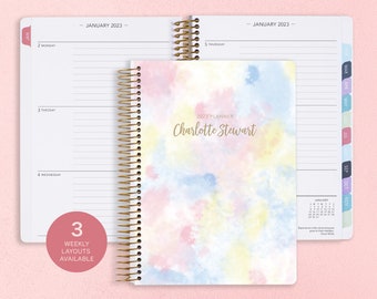 Personalized Planner 2024 - 12 Month Calendar Planner - Weekly Planner 2024-2025 - Custom Agenda - Gifts for Mom - Pastel Splatter Tie Dye