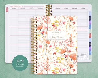 STUDENT PLANNER 6x9 2024-2025 calendar | personalized weekly academic planner | choose your start month | field flowers pink
