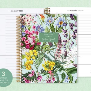 8.5x11 weekly planner  2024 2025 | choose your start month | 12 month calendar | LARGE WEEKLY PLANNER | colorful florals green