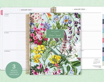 8.5x11 weekly planner  2024 2025 | choose your start month | 12 month calendar | LARGE WEEKLY PLANNER | colorful florals green