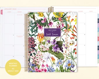 8.5x11 MONTHLY PLANNER notebook | 2024 2025 no weekly view | choose your start month | 12 month calendar | colorful florals white