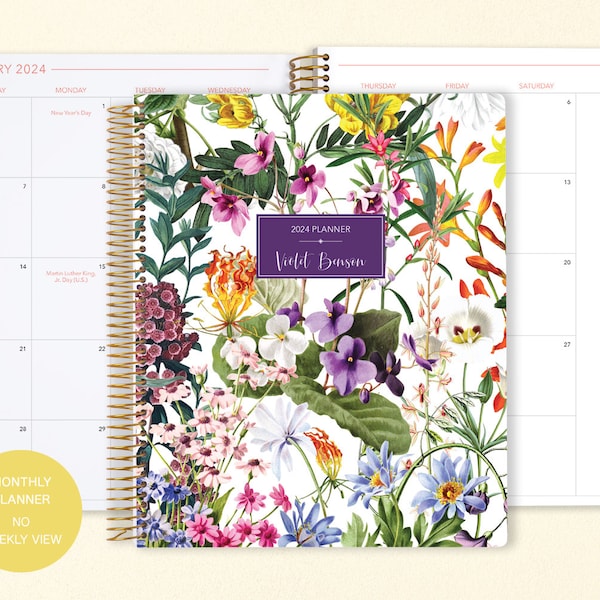 8.5x11 MONTHLY PLANNER notebook | 2024 2025 no weekly view | choose your start month | 12 month calendar | colorful florals white