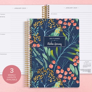 Personalized Planner 2024-2025 Calendar Add Monthly Tabs Custom Weekly Planner 6x9 Planner Agenda Navy Watercolor Floral image 1