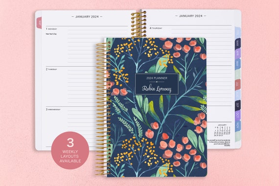 Personalized Planner 2024-2025 Calendar Add Monthly Tabs Custom Weekly  Planner 6x9 Planner Agenda Navy Watercolor Floral 
