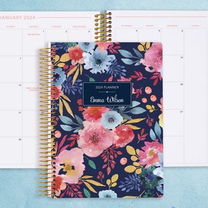 MONTHLY PLANNER notebook | 2024 2025 no weekly view | choose your start month | 12 month calendar | navy blue pink watercolor floral