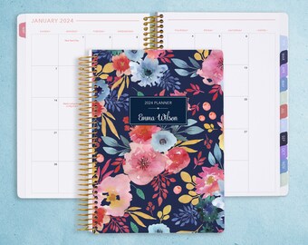 MONTHLY PLANNER notebook | 2024 2025 no weekly view | choose your start month | 12 month calendar | navy blue pink watercolor floral