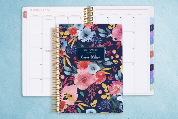 Personalized Planner 2024-2025 Calendar Add Monthly Tabs Custom Weekly  Planner 6x9 Planner Agenda Navy Watercolor Floral 