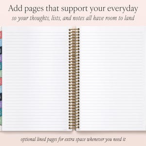 an open spiral-bound notebook with blank lined pages, accompanied by text instructions on how to add pages to the notebook to support everyday thoughts, lists, and notes.