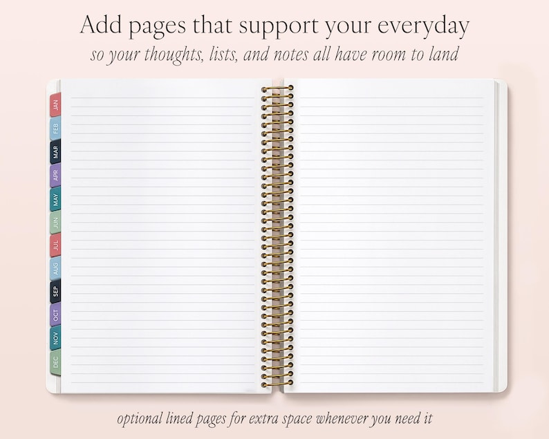 an open spiral-bound notebook with blank lined pages, accompanied by text instructions on how to add pages to the notebook to support everyday thoughts, lists, and notes.