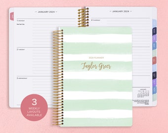 2025 Planner Calendar - Weekly Student Planner - Personalized Agenda - Academic Planner - Yearly Planner - Mint Green Watercolor Stripes