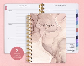 Personalized Planner 2024-2025 Calendar - Add Monthly Tabs Custom Weekly Student Planner - Planner Agenda - Neutral Abstract Ink