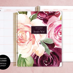 VERTICAL TEACHER PLANNER | teacher planner 8.5x11 | 2024-2025 lesson plan calendar | personalized teacher planbook | plum blush roses