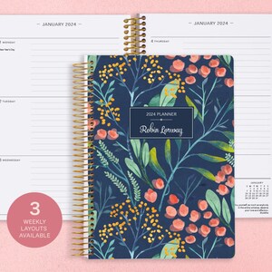 2025 Planner 2024-2025 calendar Weekly Student Planner Add Monthly Tabs Personalized Planner Agenda Daytimer Navy Watercolor Floral image 1