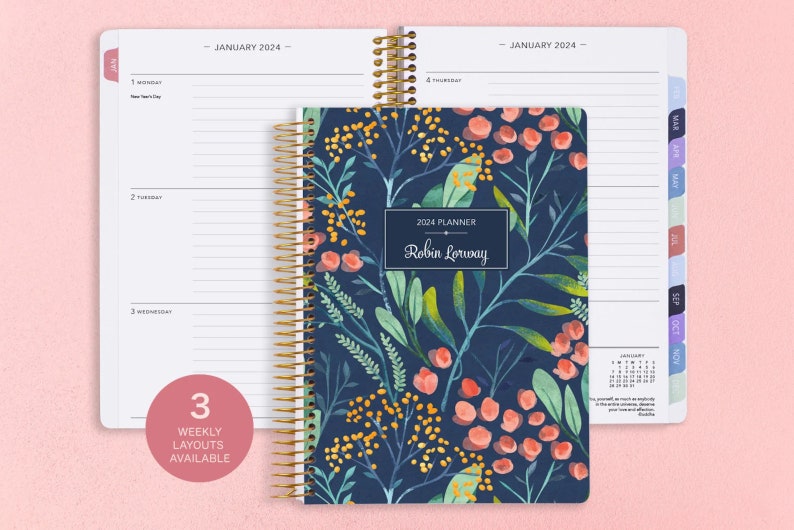 2025 Planner 2024-2025 calendar Weekly Student Planner Add Monthly Tabs Personalized Planner Agenda Daytimer Navy Watercolor Floral image 1