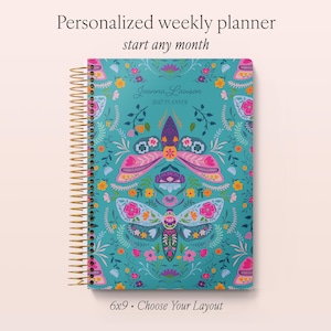 May include: A spiral-bound weekly planner with a teal cover featuring a colourful moth and floral pattern. The text reads Personalized weekly planner, start any month, Joanna Lawson, 2027 PLANNER, and 6x9 • Choose Your Layout. Gold wire binding.