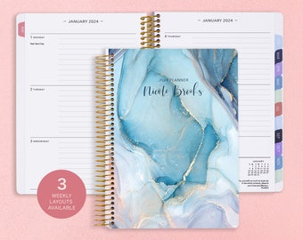 Personalized Planner 2024-2025 Calendar - Add Monthly Tabs Custom Weekly Student Planner - Planner Agenda - Aqua Gold Abstract Ink