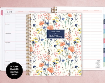 PLANIFICATEUR ENSEIGNANT VERTICAL | planificateur d’enseignant 8.5x11 | Calendrier des plans de cours 2024-2025 | planbook personnalisé pour l’enseignant | fleurs des champs bleu