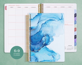 STUDENT PLANNER 6x9 2024-2025 calendar | personalized weekly academic planner | choose your start month | blue abstract ink