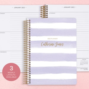 2025 Weekly Planner - 2024 2025 Calendar - Add Monthly Tabs - 6x9 Personalized Agenda - Purple Planner - Lavender Watercolor Stripes