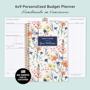 BUDGET PLANNER - Finance Planner 6x9 - Expense Tracker - Savings Tracker - Field Flowers Blue - No Tariffs