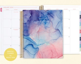 8.5x11 MONTHLY PLANNER notebook | 2024 2025 no weekly view | choose your start month | 12 month calendar | blue pink flowing ink