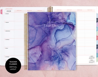 VERTICAL TEACHER PLANNER | teacher planner 8.5x11 | 2024-2025 lesson plan calendar | personalized teacher planbook | purple flowing ink