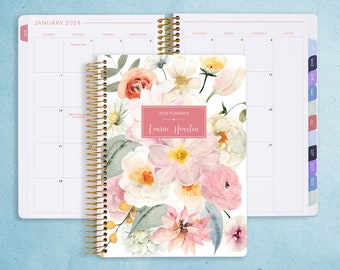 MONTHLY PLANNER | 2024 2025 no weekly view | choose your start month | 12 month calendar monthly tabs personalized | flirty florals blush