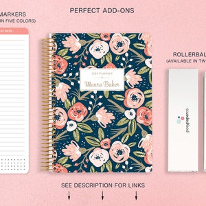 6x9 Planner 2024 2024-2025 Weekly Planner Calendar Student Planner Add Monthly Tabs Personalized Daytimer Navy Pink Gold Floral image 9
