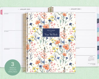 8.5x11 weekly planner  2024 2025 | choose your start month | 12 month calendar | LARGE WEEKLY PLANNER | field flowers blue