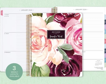 8.5x11 weekly planner  2024 2025 | choose your start month | 12 month calendar | LARGE WEEKLY PLANNER | plum blush roses