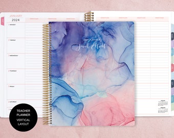 AGENDA VERTICAL POUR L'ENSEIGNANT | agenda pour enseignants 8,5 x 11 | Calendrier des cours 2024-2025 | agenda personnalisé pour professeur | encre fluide rose bleu