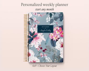 2027 Planner - 12 Month Calendar - Weekly Planner - Personalized Agenda - Daytimer - Blue Pink Elegant Floral