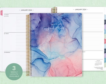 8.5x11 weekly planner  2024 2025 | choose your start month | 12 month calendar | LARGE WEEKLY PLANNER | pink blue flowing ink