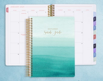 MONTHLY PLANNER | 2024 2025 no weekly view | choose your start month | 12 month calendar monthly tabs personalized | teal watercolor ombré