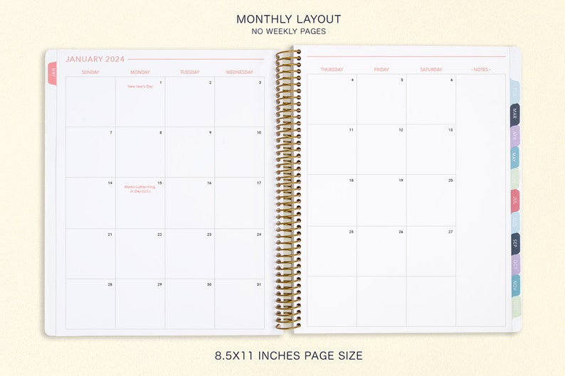 8.5x11 MONTHLY PLANNER notebook 2024 2025 no weekly view choose your start month 12 month calendar meadow floral image 2