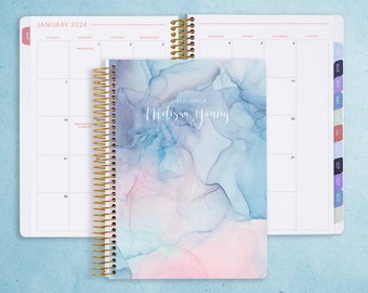 MONTHLY PLANNER | 2024 2025 no weekly view | choose your start month | 12 month calendar monthly tabs | pink blue flowing ink