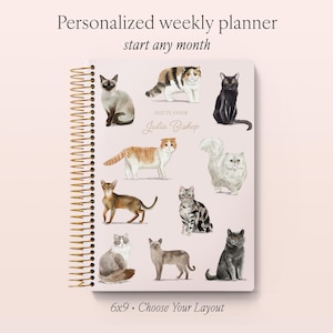 May include: A spiral-bound weekly planner with a light pink cover featuring watercolor illustrations of nine different cats. The text reads Personalized weekly planner, start any month, 2027 PLANNER, Julia Bishop, and 6x9 Choose Your Layout.