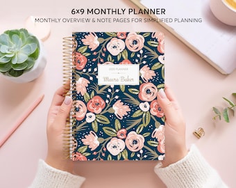 MONTHLY PLANNER | 2025 2026 no weekly view | choose your start month | 12 month calendar monthly tabs personalized | pink navy gold floral