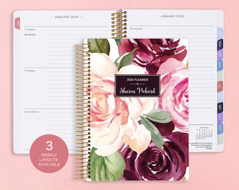 Agenda 2024 2025 - Personalized Planner - 12 Month Custom Planner - Personalized Gifts - Custom Weekly Planner Gift - Plum Blush Roses
