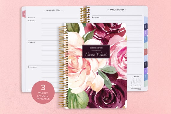 Agenda 2024 2025 - Personalized Planner - 12 Month Custom Planner -  Personalized Gifts - Custom Weekly Planner Gift - Plum Blush Roses