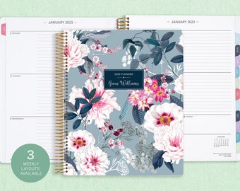 8.5x11 weekly planner  2024 2025 | choose your start month | 12 month calendar | LARGE WEEKLY PLANNER | blue pink elegant floral