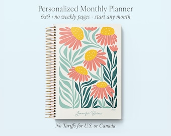 MONTHLY PLANNER - 2026 2027 No Weekly View - 12 month calendar - Personalized - Artful Flowers Pink Green Orange | No Tariffs