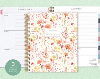 8.5x11 weekly planner  2024 2025 | choose your start month | 12 month calendar | LARGE WEEKLY PLANNER | field flowers pink