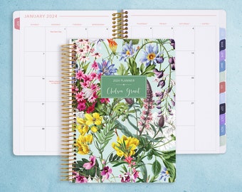 MONTHLY PLANNER | 2024 2025 no weekly view | choose your start month | 12 month calendar monthly tabs personalized | colorful florals green