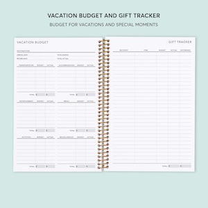 May include: A white, spiral bound notebook with a black and white design. The front cover has the text "Vacation Budget and Gift Tracker" and "Budget for Vacations and Special Moments". The notebook is divided into two sections: "Vacation Budget" and "Gift Tracker".
