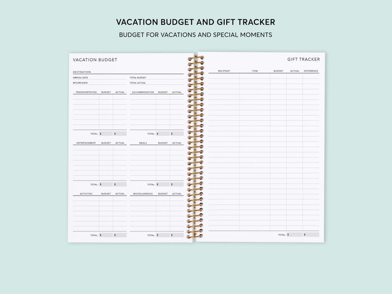 May include: A white, spiral bound notebook with a black and white design. The front cover has the text "Vacation Budget and Gift Tracker" and "Budget for Vacations and Special Moments". The notebook is divided into two sections: "Vacation Budget" and "Gift Tracker".