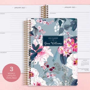 2025 Planner - 12 Month Calendar Planner - Weekly Planner - Personalized Planner - 2025 Agenda - Daytimer - Blue Pink Elegant Floral